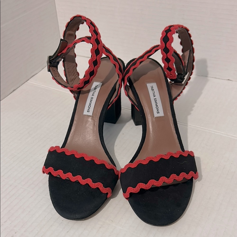 Black suede Red scallop edge rickrack trim ankle wrap heels. Whimsical feminine